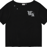 [予約販売/7月上旬入庫予定] WOMEN'S GRAPHIC BUTTON OFF-SHOULDER SHORT SLEEVE T-SHIRT BLACK