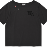 [予約販売/7月上旬入庫予定] WOMEN'S GRAPHIC BUTTON OFF-SHOULDER SHORT SLEEVE T-SHIRT CHARCOAL