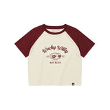WOMEN'S GRAPHIC COLOR BLOCK RAGLAN CROP SHORT SLEEVE T-SHIRT