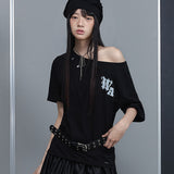 [予約販売/7月上旬入庫予定] WOMEN'S GRAPHIC BUTTON OFF-SHOULDER SHORT SLEEVE T-SHIRT BLACK